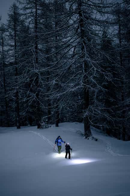 Milky Way: night snowshoe hike with a typical dinner in a mountain hut - Following the Thures Valley at Sunset