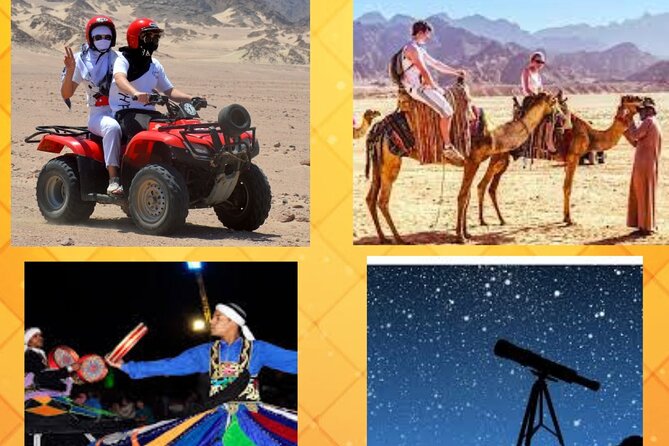 Sharm El Sheikh Super Safari 5</em>1 ATV Quad, Stargazing,Camel Ride,Dinner, Shows – ATV tracks across the Sinai desert’ /></p>
<p><p>This outing works because it bundles several very different desert activities into one afternoon and evening. You are not simply taken to a camp for dinner. You get behind the handlebars, cross open sand with a group, pause for photographs, and watch the desert change color as daylight fades.</p>
</p>
<p><p>At the ATV area, an instructor is supposed to explain safe riding before you set off. You can ride your own quad, or share one ATV between two people. The first section runs across flatter sand so you can get used to the controls and find your balance before the route becomes more exciting.</p>
</p>
<p><p>I would take the safety briefing seriously, even if you have driven a quad before. One account describes the instruction as too limited, while the supplied plan says the guide explains how to operate the machine. Wear the provided helmet, keep your distance from the quad ahead, and expect dust. Sunglasses or goggles are useful, but goggles are an optional purchase, not part of the included package.</p>
</p>
<p><p>The ride can be the strongest part of the day. Several accounts describe roughly an hour and a half of quad time, with mountain views, photo stops, and a night ride back in some versions of the route. The official duration is listed as approximately 1 hour and 30 minutes, so timing appears to vary by the day’s exact schedule. Ask at pickup how much time you will spend riding and how long the full outing will last.</p>
</p>
<p><p>You should also know what this is not. It is a guided group ride, not a private off-road expedition. You follow the lead quad and stop when the group stops. That keeps the outing manageable for beginners, but it limits your freedom to choose your own route or linger at every view.</p>
</p>
<div class="twil" style="margin: 20px 0; padding: 15px 0;"><p>More Camel Rides with Stargazing in Egypt:</p><ul style="margin: 10px 0; padding-left: 0; list-style: none;"><li style="margin: 0 0 12px 0; padding: 0 0 12px 0; border-bottom: 1px solid #E4E6FA; line-height: 1.4;"><a href="https://stargazingdays.com/hurghada-sunset-quad-bike-camel-w-opt-stargazing-and-bbq/">Hurghada: Sunset Quad Bike, Camel w/ Opt Stargazing and BBQ</a><br><span style="font-size: 0.82em; color: #555;"><span style="color: #3B4CD8;">★</span> 4.2 · 1,705 reviews</span></li><li style="margin: 0 0 12px 0; padding: 0 0 12px 0; border-bottom: 1px solid #E4E6FA; line-height: 1.4;"><a href="https://stargazingdays.com/hurghada-quad-bike-sea-camel-safari-stargazing-dinner/">Hurghada: Quad Bike, Sea, Camel, Safari, Stargazing & Dinner</a><br><span style="font-size: 0.82em; color: #555;"><span style="color: #3B4CD8;">★</span> 4.2 · 1,454 reviews</span></li><li style="margin: 0; padding: 0; border-bottom: none; line-height: 1.4;"><a href="https://stargazingdays.com/makadi-bay-atv-sea-view-camel-stargazing-dinner-show/">Makadi Bay: ATV, Sea View, Camel, Stargazing, Dinner & Show</a><br><span style="font-size: 0.82em; color: #555;"><span style="color: #3B4CD8;">★</span> 4.3 · 1,368 reviews</span></li></ul></div><h2>Camel stop, camp tea, and desert customs</h2>
<p>1 ATV Quad, Stargazing,Camel Ride,Dinner, Shows – Camel stop, camp tea, and desert customs’ /></p>
<p><p>The camel portion is included at no extra charge, but it is optional. Set your expectations correctly: this is usually a short ride or a brief walk with time for photographs, not a long trek through the desert.</p>
</p>
<p><p>Some accounts describe the camel ride as lasting only about 20 seconds, while others put it closer to five or ten minutes. That difference matters if the camel is your main reason for booking. I would treat the stop as a chance to see the animals up close and take a picture, while keeping the ATV ride as the main activity.</p>
</p>
<p><p>There is also a fair ethical point to consider. One account raised concern about the camels appearing tired from repeated tourist rides. If you are uneasy about riding, you can simply watch and take photographs. The camel option is free, so you lose nothing by skipping it.</p>
</p>
<p><p>The Bedouin camp gives the evening a slower rhythm. You can sit in a tent, drink Habbak tea, and see a small presentation of traditional desert life. The tea is a welcome pause after the dust and engine noise, especially as the desert air cools after sunset.</p>
</p>
<p><p>Some versions of the outing have included bread making, sand sliding, an echo chamber, or sandboards while the meal is being prepared. These extras appear in individual accounts rather than the main list of inclusions, so do not book solely on the promise of every one of them. If boards are available, ask before using them, and keep small change available if you want to tip the people helping with optional activities.</p>
</p>
<h2>Sunset from a small desert hill</h2>
<p><img width="669" height="446" decoding="async" src=